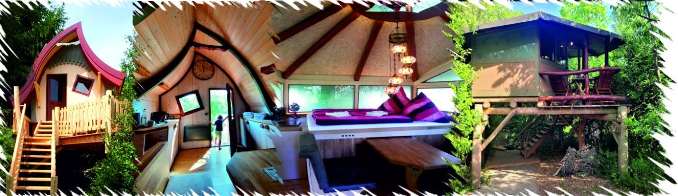 Raus aus dem Alltag. Rein in die Natur. Ob hoch oben im Baumhaus, gemütlich im Schäferwagen oder stilvoll beim Glamping – bei uns wird Urlaub zu einem besonderen Erlebnis. Umgeben von Wiesen, Wäldern und frischer Luft findest du den perfekten Ort für eine Auszeit in der Natur. Unsere naturnahen Unterkünfte bieten Raum zum Durchatmen, Abschalten und Zusammensein. Ideal für Familien, entspannte Tage mit Freunden oder einen erholsamen Urlaub mit Hund – denn auch vierbeinige Begleiter sind bei uns herzlich willkommen. Hier zählen gemeinsame Momente: Frühstück mit Vogelgezwitscher, Barfußlaufen im Gras, Lagerfeuerabende unter dem Sternenhimmel. Kein Lärm, kein Stress – nur Natur, Ruhe und echte Erholung. Gönn dir das Besondere. Natürlich. Entschleunigt. Unvergesslich. Verschiedene Baumhäuser mit kreativen Designs und gemütlichen Wohnbereichen.